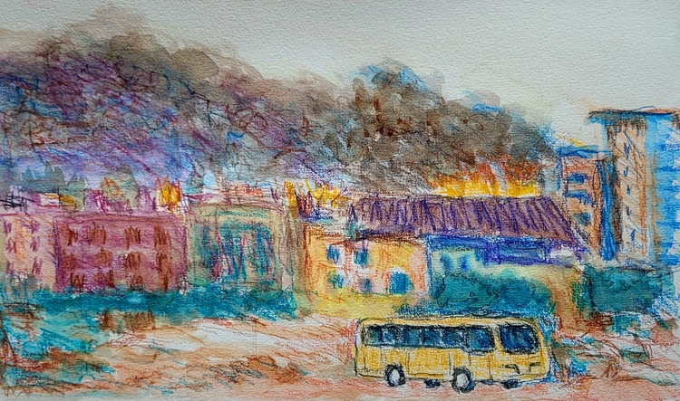 An illustration of city buildings with smoke towering above. In the foreground a small bus heads into the desert.