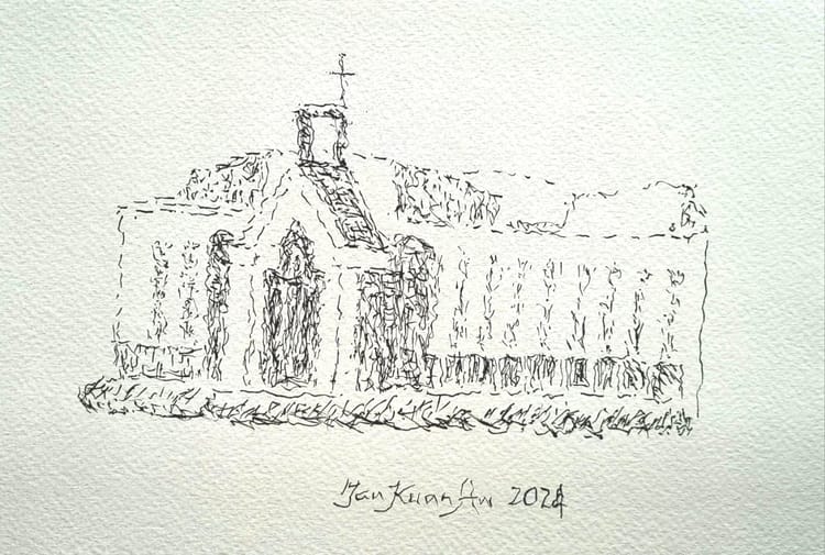Line outline drawing of a large church building with an imposing facade. Signed Tan Kuan Aw 2024.
